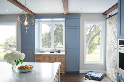 casement windows, blue kitchen, replacement windows, MI Windows and Doors