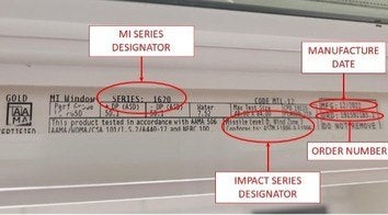 Recalled MI Windows and Doors 1620 vinyl single-hung impact window label at top of window