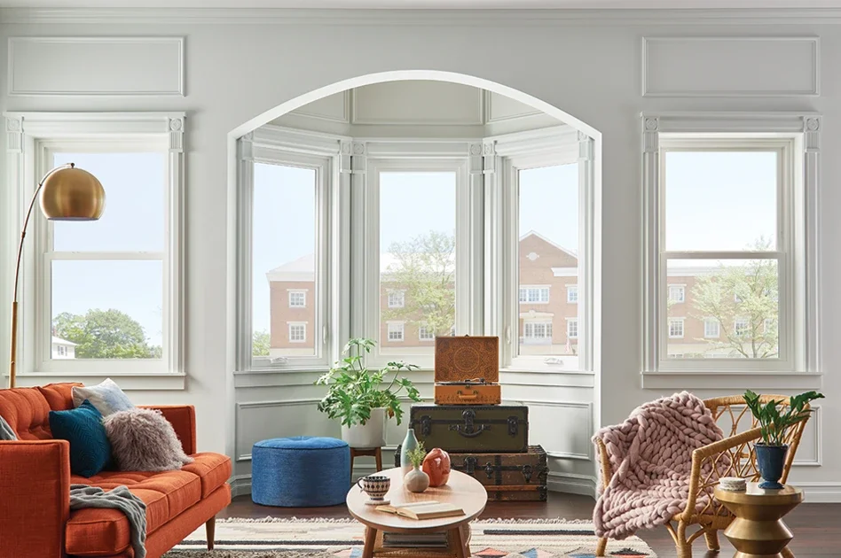 double hung windows, living room, MI Windows and Doors, midcentury