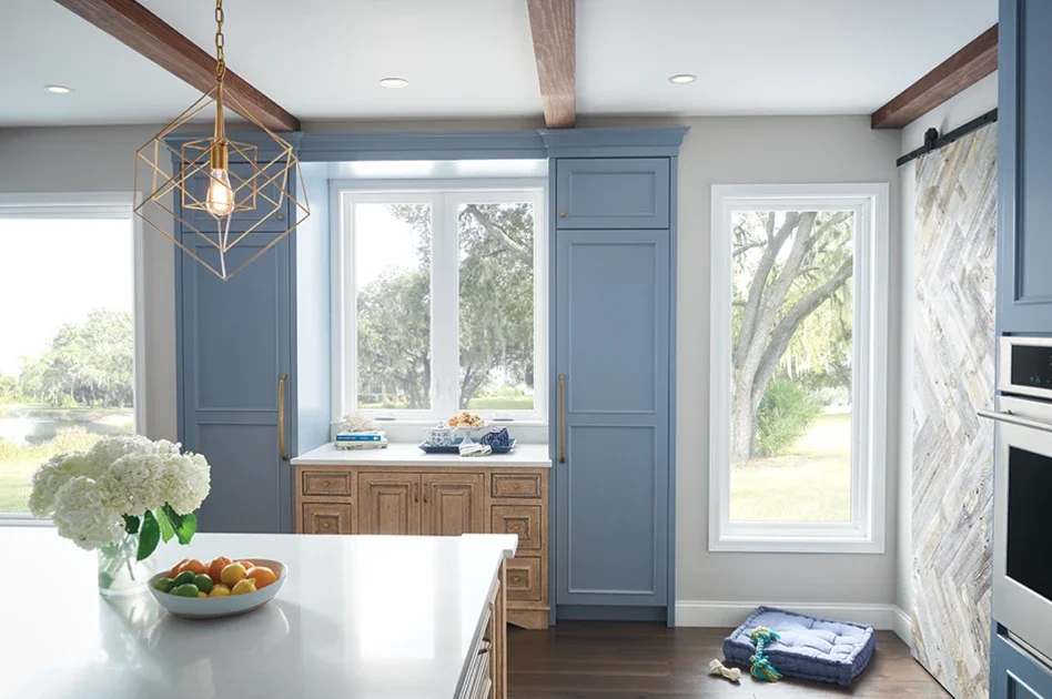 casement windows, blue kitchen, replacement windows, MI Windows and Doors
